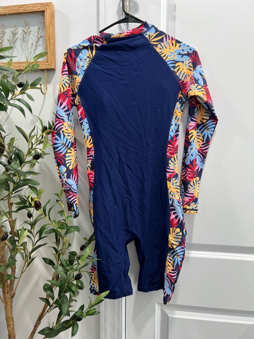 Women's Long Sleeve Navy and Tropical Print One-Piece Swim Suit - Picture 3 of 5